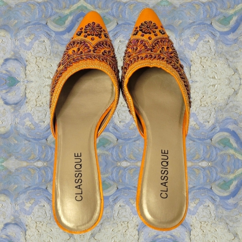 Classique Orange Hand Beaded Kitten Heel Mules Size 7W - Picture 4 of 11